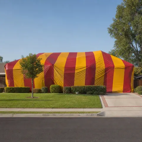 House covered with a striped fumigation tent