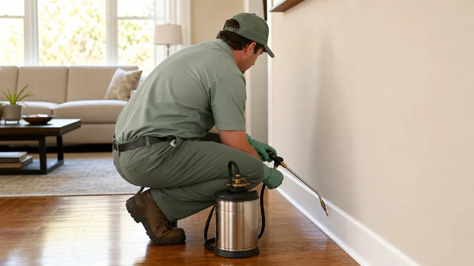 Pest control technician spraying a baseboard inside a living room